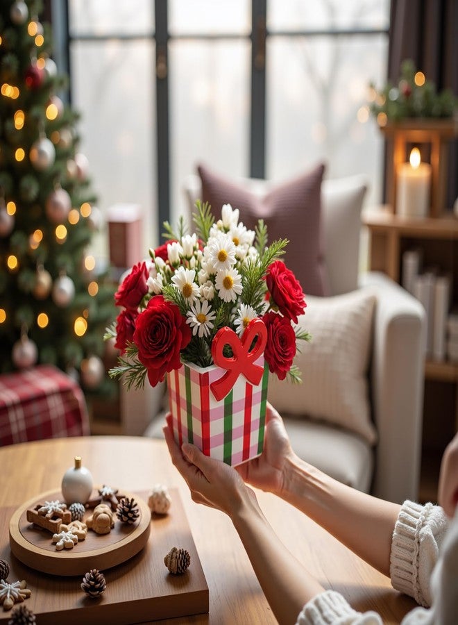 DIF DECO Red Bow Christmas Vase, 6.5 Inch Ceramic Unique Wide Paper Bag Vase, Xmas Cute Holiday Flower Pot for Centerpieces/Home/Living Room/Shelf Table, Modern Decor - Image 3
